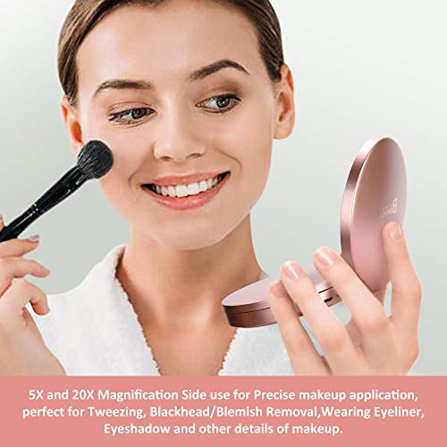 20X Magnifying Mirror with Light, 20X/5X/1X Travel Lighted Makeup Mirror,Portable LED Compact Mirror,Handheld Folding Rechargeable Ring Light Mirror(4inches, Rose Gold)