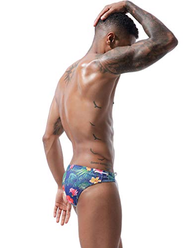 Mens Bikini Swimsuit Sexy Low Rise Flowers Print Quick Dry Swim Briefs Swimwear (Leaves, M)