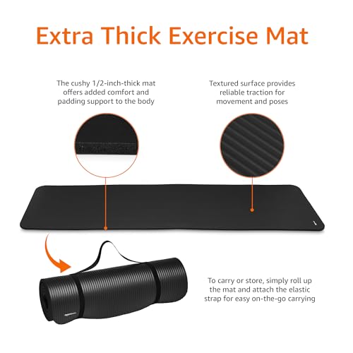1/2 Inch Extra Thick Exercise Yoga Mat with Carrying Strap, Cushioned Support, for Fitness and Gym Workouts, Black