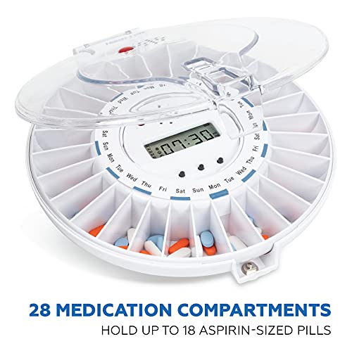 Premium Automatic Pill Dispenser for Elderly with Alarm | Secure Medication Dispenser 28 Sealed Compartments | Tamper-Resistant Automatic Pill Dispenser | FSA/HSA Eligible, Clear & Solid White Lids