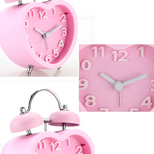 3in 3D Dial Loud Twin Bell Alarm Clock Silent Analog Quartz Nightlight Clock Heart Shape Pink
