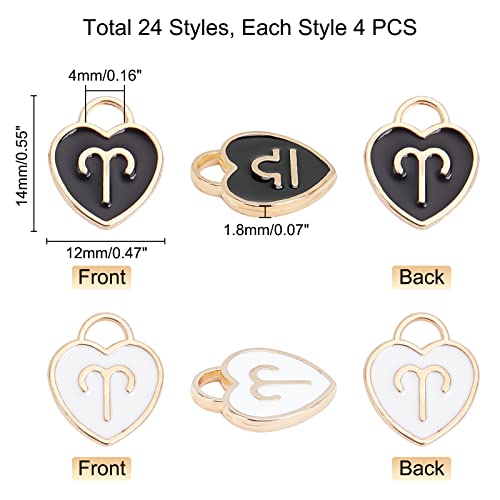 12 Constellation Heart Charms, 96pcs Zodiac Sign Enamel Pendants Double Sided Birthday Sign Lucky Charm Astrology Horoscope Pendant for DIY Bracelet Necklace Earring Making (Black White)