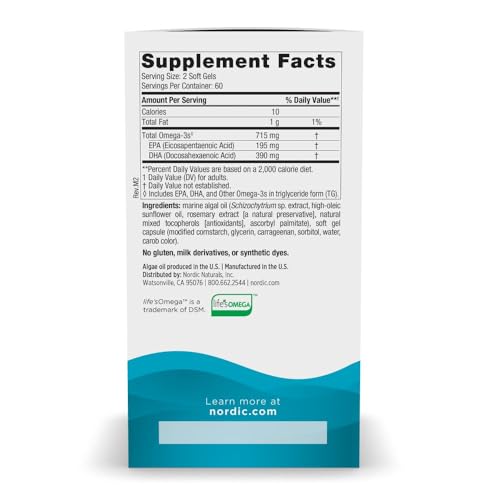 Algae Omega - 120 Soft Gels - 715 mg Omega-3 - Certified Vegan Algae Oil - Plant-Based EPA & DHA - Heart, Eye, Immune & Brain Health - Non-GMO - 60 Servings