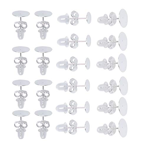 160 PCS 925 Sterling Silver Plated Earrings Posts Flat Pad Hypoallergenic Flat Pad Earring Studs with 925 Sterling Silver Earring Backs and Rubber Earring Backs for Jewelry Making Findings(5mm 8mm)