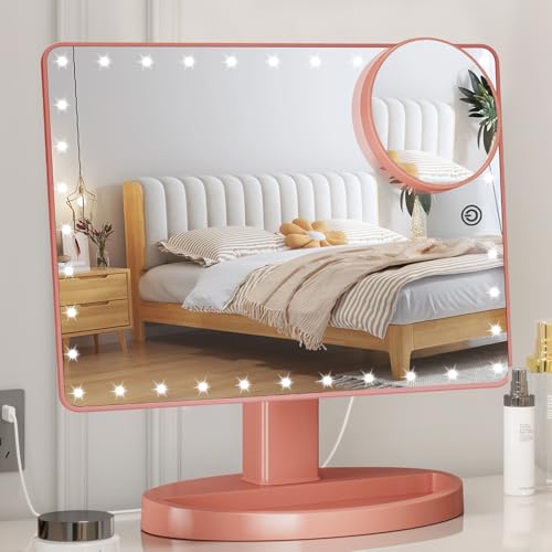 Large Lighted Vanity Makeup Mirror (X-Large Model), Light Up Mirror with 35 LED Lights, Touch Screen and 10X Magnification Mirror, 360° Rotation Tabletop Cosmetic Mirror(Rose Gold)