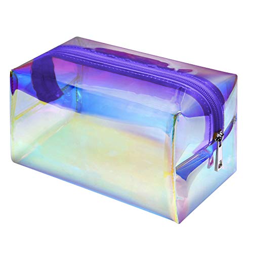 Holographic Makeup Bag for Women - Travel Clear Cosmetic Bag - Waterproof Large Clear Makeup Pouch with Zipper, Purple