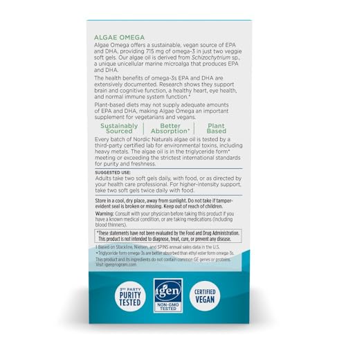 Algae Omega - 120 Soft Gels - 715 mg Omega-3 - Certified Vegan Algae Oil - Plant-Based EPA & DHA - Heart, Eye, Immune & Brain Health - Non-GMO - 60 Servings
