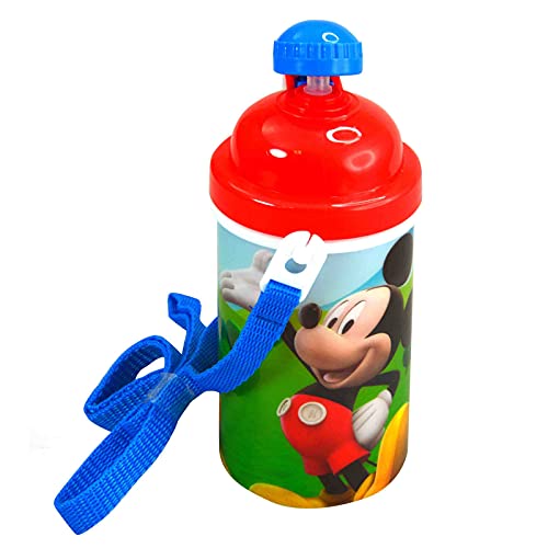 Disney Mickey Mouse One Touch Button Water Bottles with Reusable Built in Straw, Carrying Strap - Safe Approved BPA Free, Easy to Clean, for Kids Girls Boys, Goodies Home Travel
