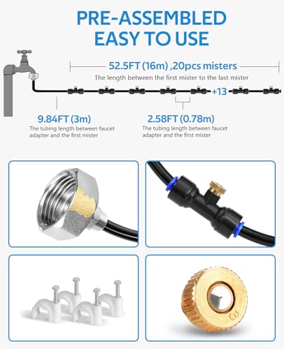 HOMENOTE Misting Cooling System 59FT (18M) Misting Line + 20 Brass Mist Nozzles + Brass Adapter(3/4) Outdoor Mister for Patio Backyard Garden Greenhouse Watering