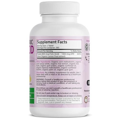 Organic Folic Acid (Vitamin B9 Folate) 800 mcg Natural Folate from Lemon Peel 360 Tablets