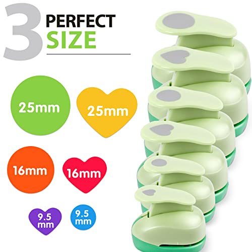 Circle Hole Punch, Paper Punches for Crafting, 3/8+5/8+1 Inch Circle Punch, Heart Hole Punch, Circle Shape Cutter for Paper Crafts Scrapbooking, 6Pcs