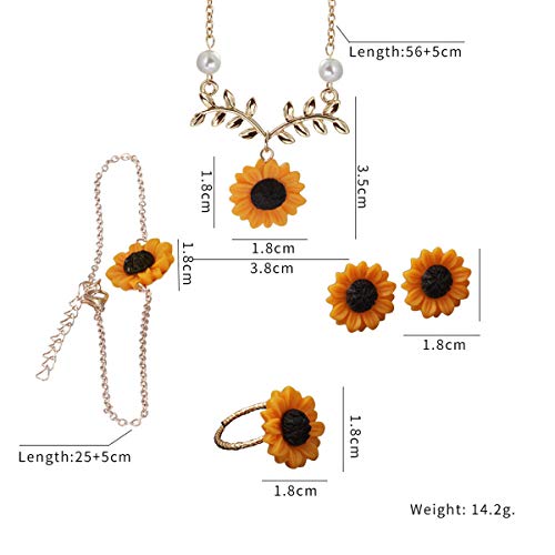 Set of 5 Sunflower Faux Pearl Leaf Chain Resin Boho Petal Pendant Necklace with Sunflower Bracelet Earrings Ring for Women Jewelry Accessories (Gold)