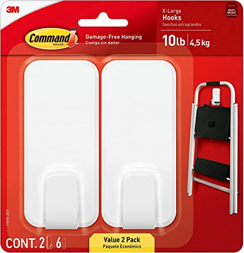 10 lb XL Heavyweight Wall Hook, 2 Hooks and 6 Strips, Damage Free Hanging Wall Hook with Adhesive Strips, Heavy Duty Single Wall Hook for Hanging, Organization and Storage