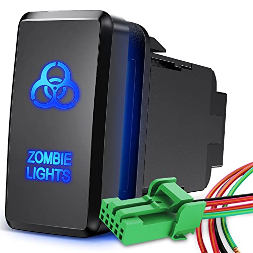 Zombie Lights Push Button Switch 12V ON Off Switch with Connector Wire Kit 1.54 x 0.83 Replacement for Toyota Tacoma Tundra 4Runner FJ Cruiser Hilux Fortuner, 2 Years Warranty, 90183B,Blue