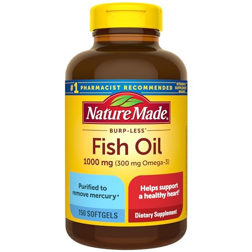 Burp Less Fish Oil 1000 mg Softgels, Fish Oil Supplements, Omega 3 Fish Oil for Healthy Heart Support, Omega 3 Supplement with 150 Softgels, 75 Day Supply