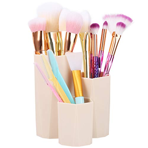 Plastic Makeup Brush Holder Organizer, 3 Slot Cosmetics Storage Makeup Brushes Cup on Vanity, Desk,Bathroom Countertops(Khaki)