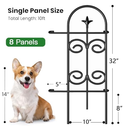 AMAGABELI GARDEN & HOME 8 Panels Decorative Garden Fences and Borders for Dogs 32in(H)×10ft(L) No Dig Metal Fence Panel Garden Edging Border Fence for Animal Barrier Fencing for Flower Bed Yard Patio