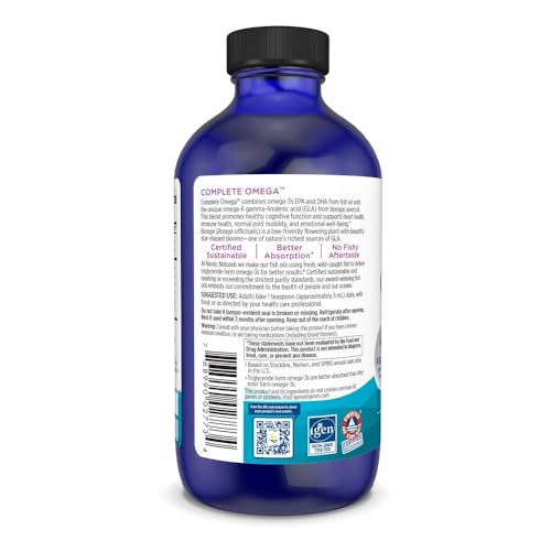 Complete Omega, Lemon Flavor - 8 oz - 1270 mg Omega-3 - EPA & DHA with Added GLA - Healthy Skin, Cognition, Positive Mood - Non-GMO - 48 Servings
