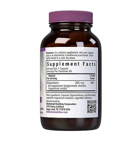 Bluebonnet Nutrition Albion Buffered Chelated Magnesium 200 mg, Magnesium Oxide, Stress Relief, Vegan, Non GMO, Gluten Free, Soy Free, Milk Free, Kosher, 60 Vegetable Capsules, 1 Month Supply