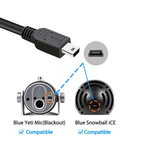 Replacement USB Cable Power Cord for Blue Yeti Recording Microphones MIC,Blue Yeti Pro USB Microphone,USB Microphone,Blue Snowball iCE USB Mic Black Out,Mini USB Cable,Mini-B Charging Mic Wire