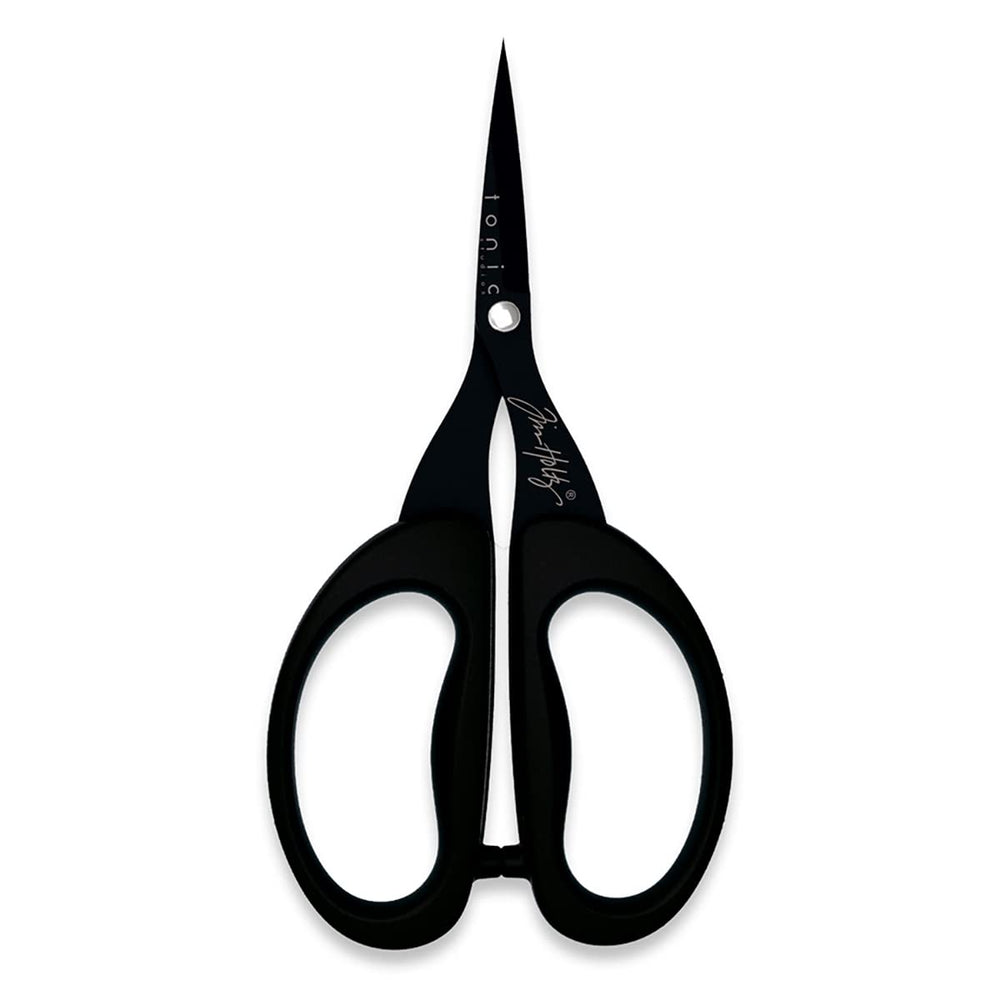 Tim Holtz Small Scissors - 5 Inch Mini Snips with Micro Serrated Blade - Craft Tool for Cutting Paper, Fabric, and Sewing - Titanium with Black Comfort Grip Handles