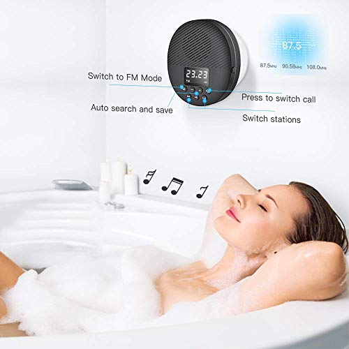Shower Radio Speaker with Bluetooth 5.0, Waterproof Wireless Bathroom FM with Suction Cup 12H Long Playback Time, Lanyard, LCD Screen Display, Handsfree Calling, Storage Card Playback Black