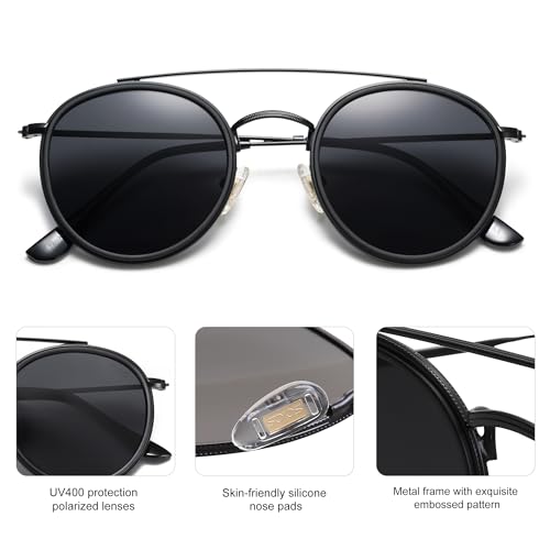 Retro Vintage Round Polarized Sunglasses for Women Men Small Double Bridge Circle Sunnies SJ1104, Dark Black/Grey