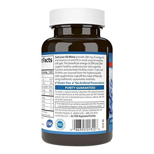 - Cod Liver Oil Minis, 280 mg Omega-3s + Vitamins A & D3, Heart Support & Cognitive Function, Vision Health, 250 Mini Soft Gels