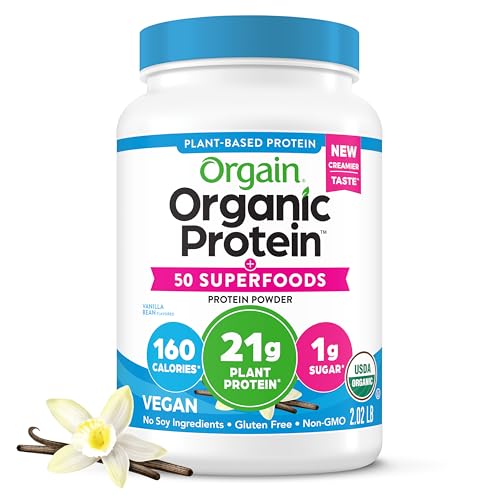 Organic Vegan Protein + 50 Superfoods Powder, Vanilla Bean - 21g Plant Based Protein, 8g Prebiotic Fiber, No Lactose Ingredients, Gluten Free, Non-GMO, 2.02 lb (Packaging May Vary)
