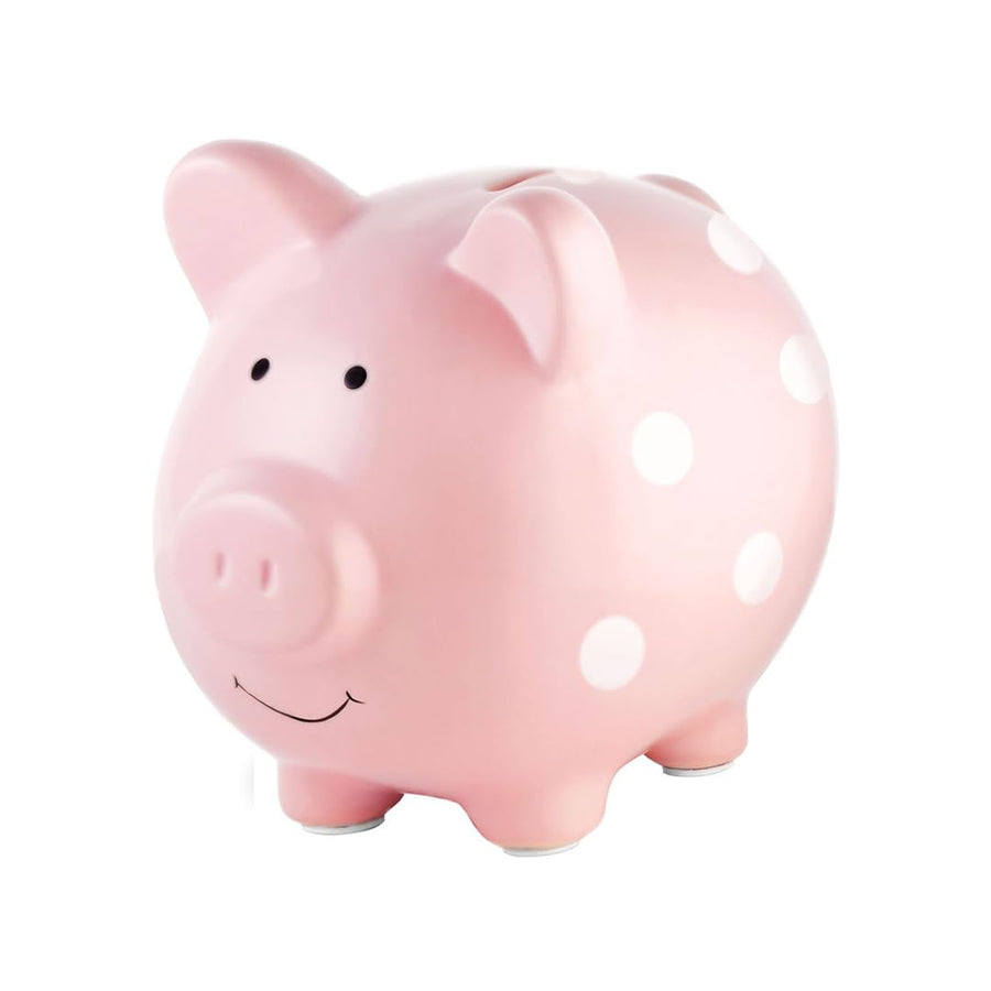 Large Ceramic Piggy Bank, Ideal for Boys and Girls, Kids Money and Coin Bank, Perfect Baby Girl Nursery Décor, Holiday Gift and Newborn Keepsake, Pink Polka Dots