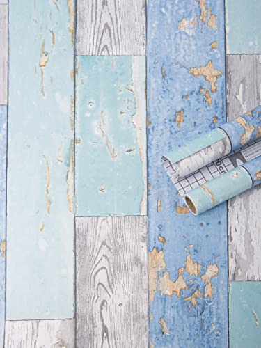 17.7x78.7 Peel and Stick Wallpaper - Decorative Self Adhesive Vinyl Film Wood Grain Wallpaper for Furniture Cabinet Countertop Shelf Paper, Blue Distressed Wood