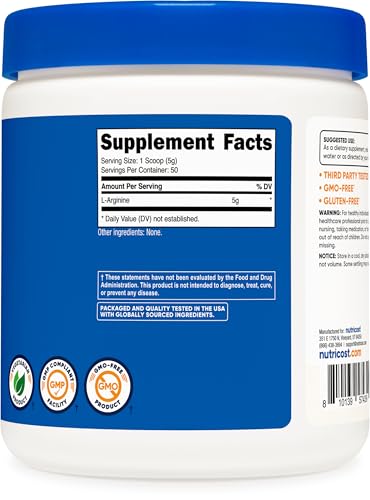L-Arginine (250 Grams) - Pure L-Arginine Powder - 5000mg Per Serving; 50 Servings