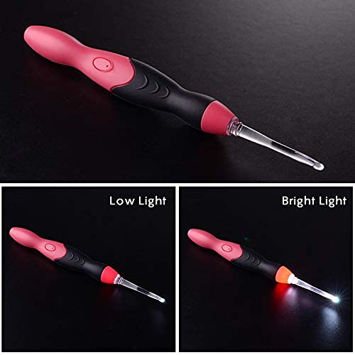 Lighted Crochet Hooks,11 Size Interchangeable Heads 2.5mm to 8.0mm with Ergonomic Grip Handles,USB Rechargeable LED Lighted Crochet Hooks Complete Set for Arthritic Hands (Red)
