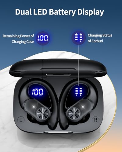 Bluetooth Headphones Wireless Earbuds 80hrs Playtime Wireless Charging Case Digital Display Sports Ear Buds with Earhook Deep Bass IPX7 Waterproof Over-Ear Earphones for TV Phone Laptop Black