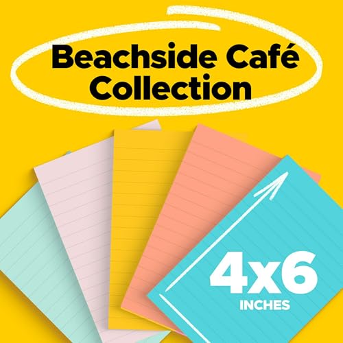 Notes, 4x6 in, 5 Pads, America's #1 Favorite Sticky Notes, Beachside Café Collection, Pastel Colors, Recyclable (660-5PK-AST)