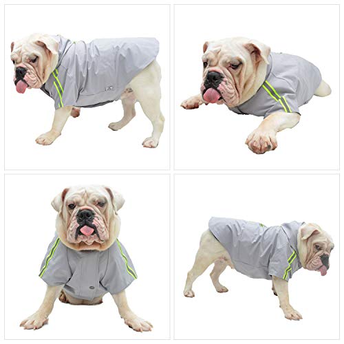 Fashion Hooded Pet Dog Raincoat, Lightweight Dog Rain Jacket Zipper Closure Rain Poncho with Reflective Strip for French Bulldog Pugs Gray B-M