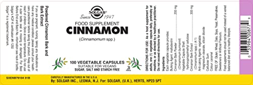 Solgar Cinnamon, 100 Vegetable Capsules - Full Potency (FP) - Supports Sugar Metabolism - Overall Wellness - Non-GMO, Vegan, Gluten Free, Dairy Free, Kosher - 100 Servings