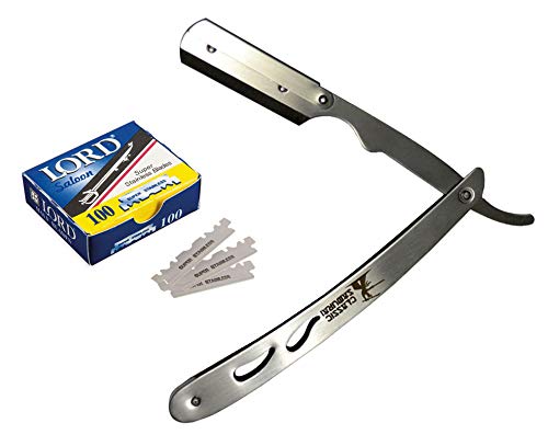 CS-102 Stainless Steel Professional Barber Straight Edge Razor with 100 Lord Single Edge Razor Blades (Silver Metal)