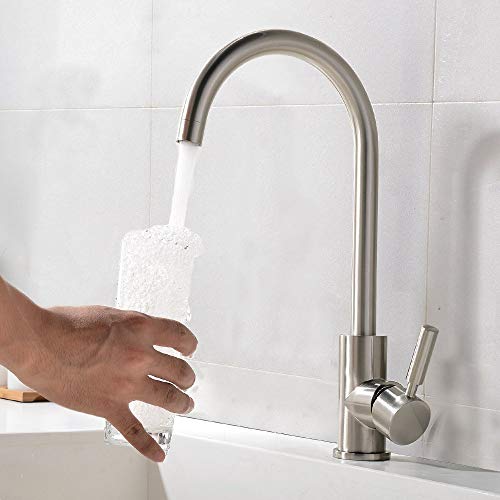 Brushed Nickel Single Hole Bar Sink Faucet, Modern Stainless Steel Single Handle Bar Faucet Brushed Nickel, 360 Degree Swivel Hot and Cold Outdoor Kitchen Sink Faucet