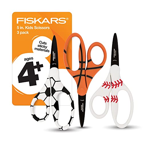 5 Pointed-Tip Scissors for Kids 4-7 with Non-Stick Blades (3-Pack) - Scissors for School or Crafting - Back to School Supplies - Sports Design