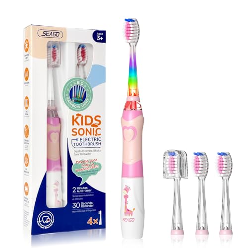 Kids Electric Toothbrush with 2 Mins Brushing Timer and 4 Replacement Bursh Heads,Rainbow LED Light Make Brushing Fun, Pink Color Girls Battery Powerd Toothbrush for 4-12 Years Old