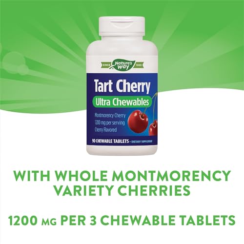Nature's Way Tart Cherry Ultra Chewables, Supports Antioxidant Pathways* with Anthocyanins, 1,200 mg Potency per 3-tablet Serving, Cherry Flavored, Gluten Free, Vegan, 90 Count (Packaging May Vary)