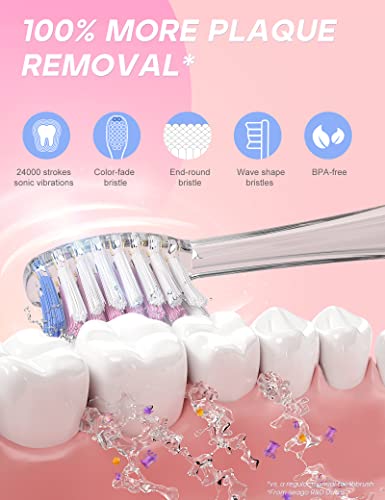 Kids Electric Toothbrush with 2 Mins Brushing Timer and 4 Replacement Bursh Heads,Rainbow LED Light Make Brushing Fun, Pink Color Girls Battery Powerd Toothbrush for 4-12 Years Old