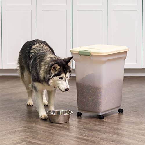 USA WeatherPro Airtight Dog Food Storage Container, Up to 42 lbs, Attachable Wheels, For Dog Cat Bird and Other Pet Food Storage Bin, Keep Fresh, Translucent Body, Clear/Almond
