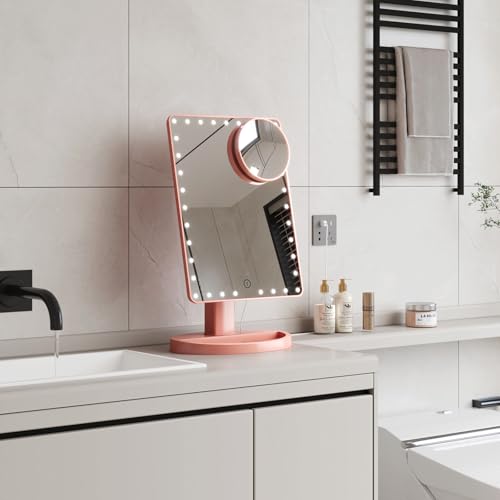 Large Lighted Vanity Makeup Mirror (X-Large Model), Light Up Mirror with 35 LED Lights, Touch Screen and 10X Magnification Mirror, 360° Rotation Tabletop Cosmetic Mirror(Rose Gold)