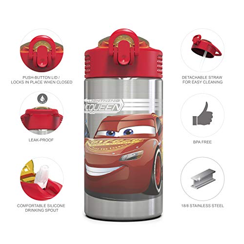 Disney Cars 3 - Stainless Steel Water Bottle with One Hand Operation Action Lid and Built-in Carrying Loop, Kids Water Bottle with Straw Spout is Perfect for Kids (15.5 oz, 18/8, BPA-Free)