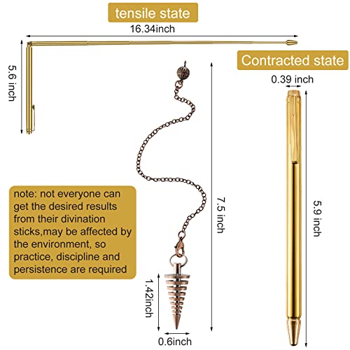 3 Pieces Divining Rods Copper and Dowsing Pendulum for Ghost Hunting, Energy Healing, Divining Water includes 2 Retractable Divining Rods with Copper Handle and 1 Pendulum Pendant(Gold)