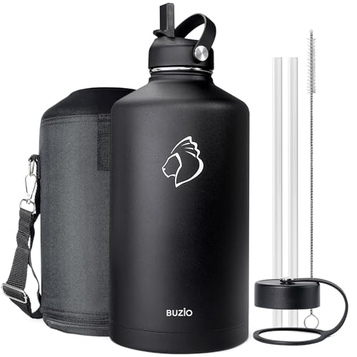 1 Gallon Water Jug with Straw Handle Lid, 128oz Water Bottle Stainless Steel Double Wall Hydro Jug 18/8 Food Grade Thermo Mug Keep Cold 48H & Hot 24H, Black