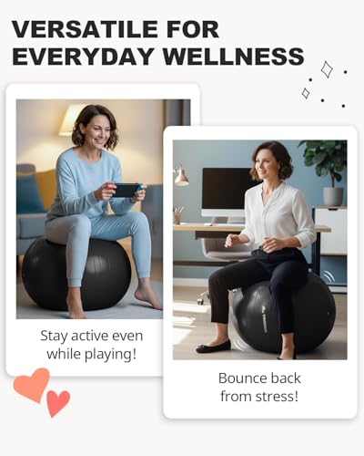 Yoga Ball for Exercise, Pregnancy & Birthing, 5 Sizes Exercise Ball for Physical Therapy, Stability, Fitness, Quick Pump Included