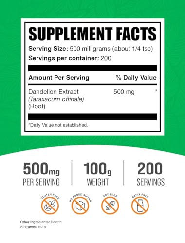 .com Dandelion Root Extract Powder - Herbal Supplements for Liver & Digestive Support - Gluten Free - 500mg per Serving, 200 Servings (100 Grams - 3.5 oz)